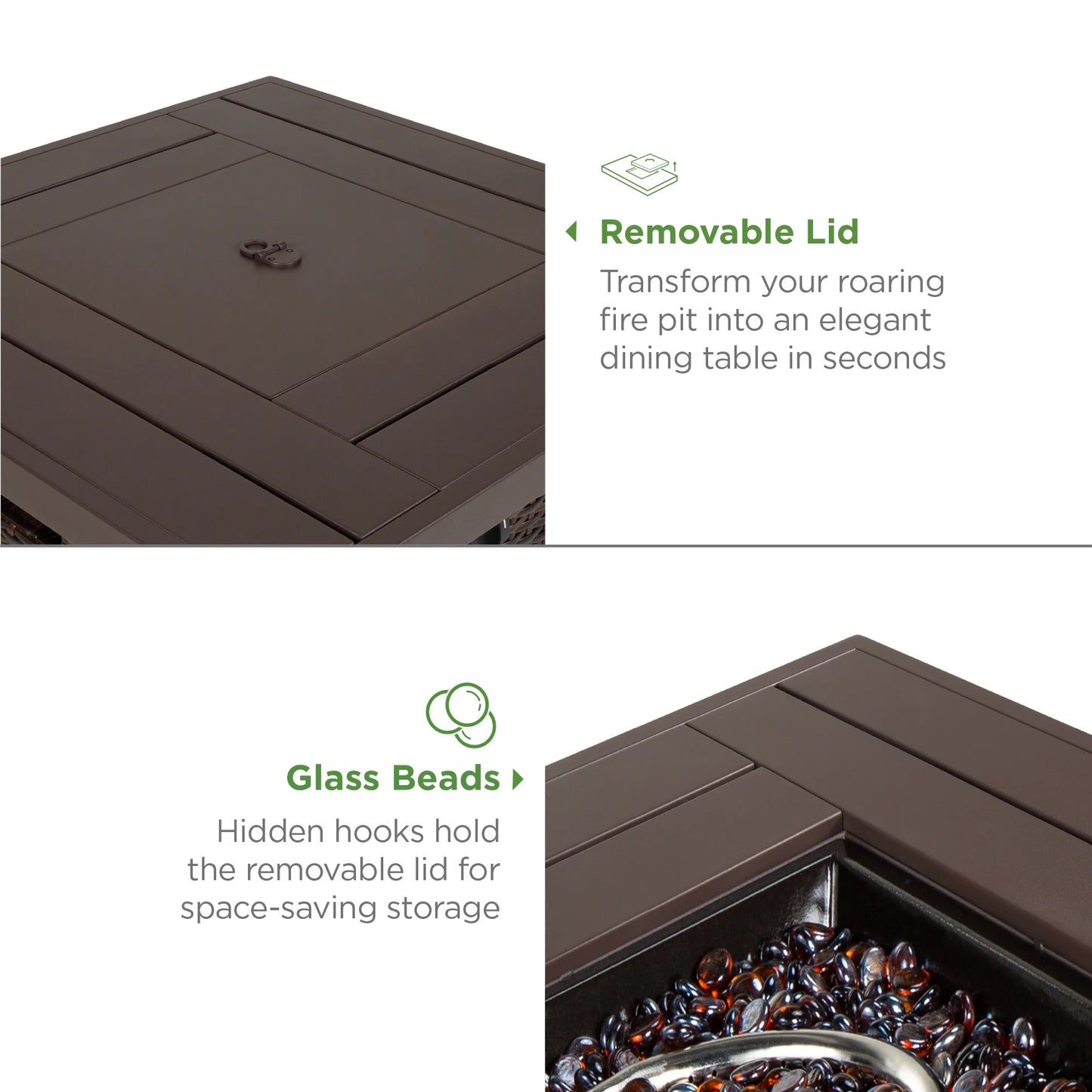 28In Propane Gas Fire Pit Table 50,000 BTU Outdoor Wicker W/ Glass Beads, Tank Holder Brown