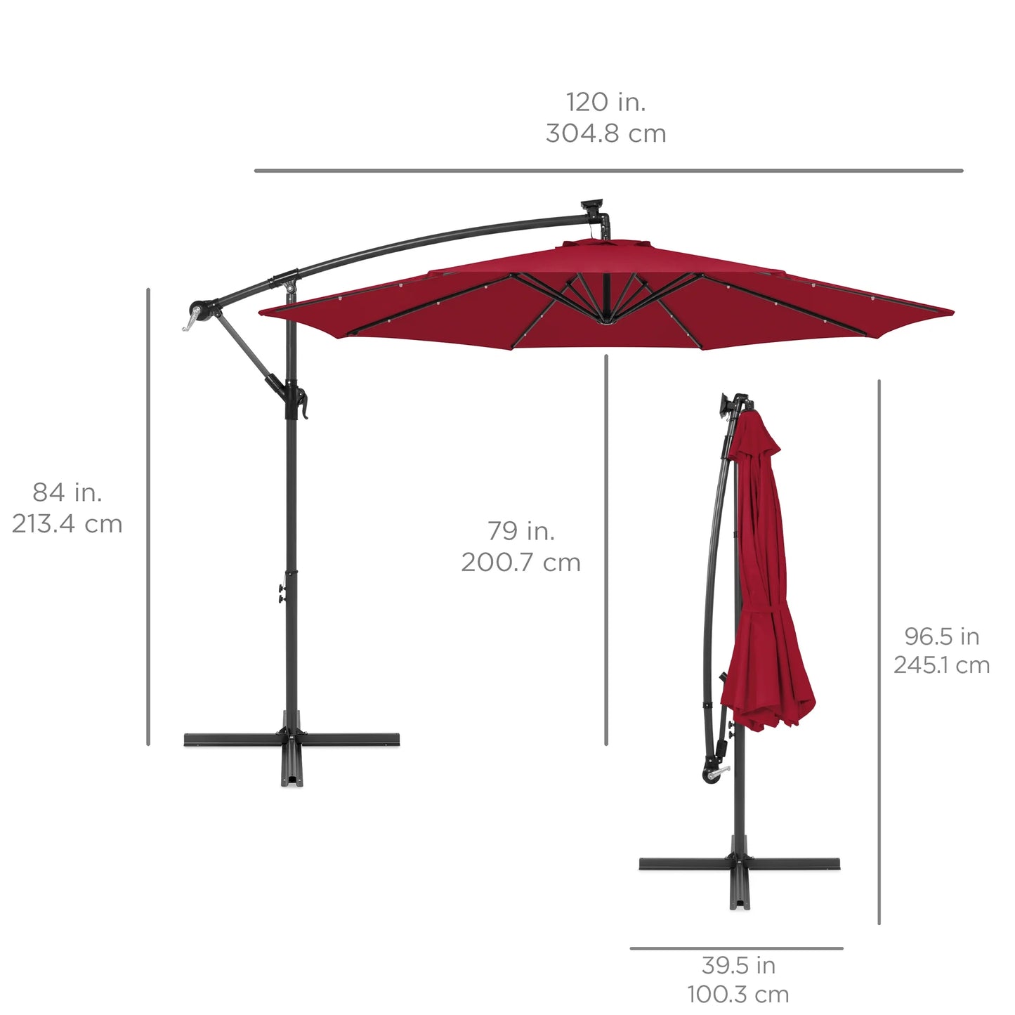 10Ft Solar LED Offset Hanging Outdoor Market Patio Umbrella W/ Adjustable Tilt - Burgundy