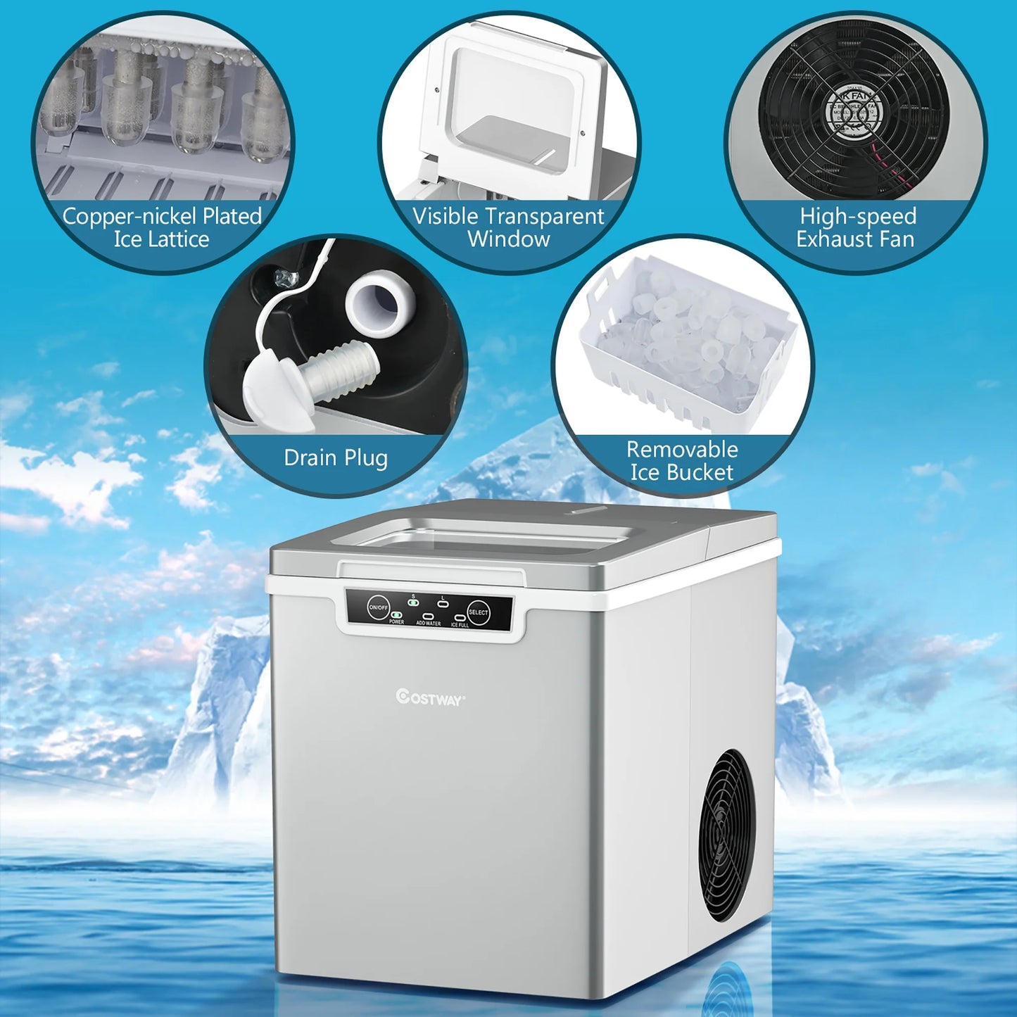 Ice Maker Machine Countertop 26Lbs/24H Portable W/Scoop & Basket Silver