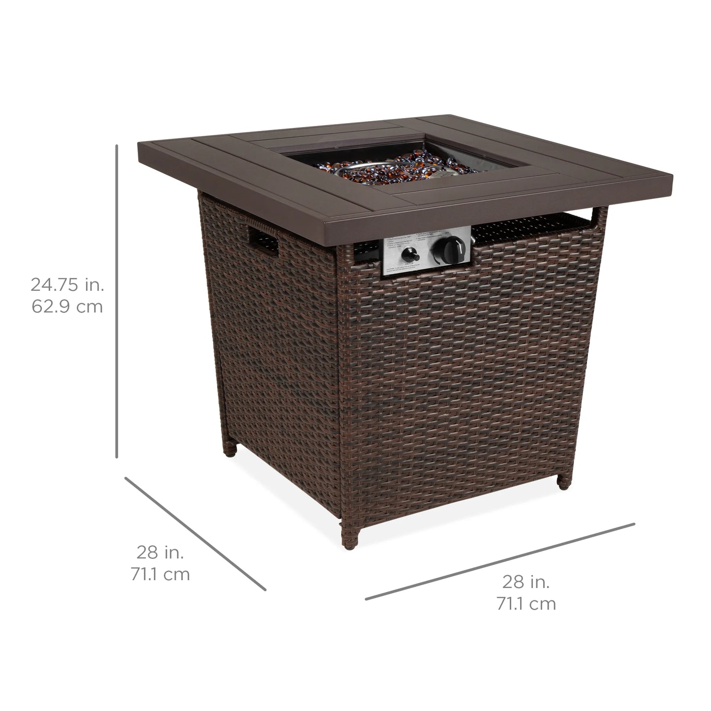 28In Propane Gas Fire Pit Table 50,000 BTU Outdoor Wicker W/ Glass Beads, Tank Holder Brown