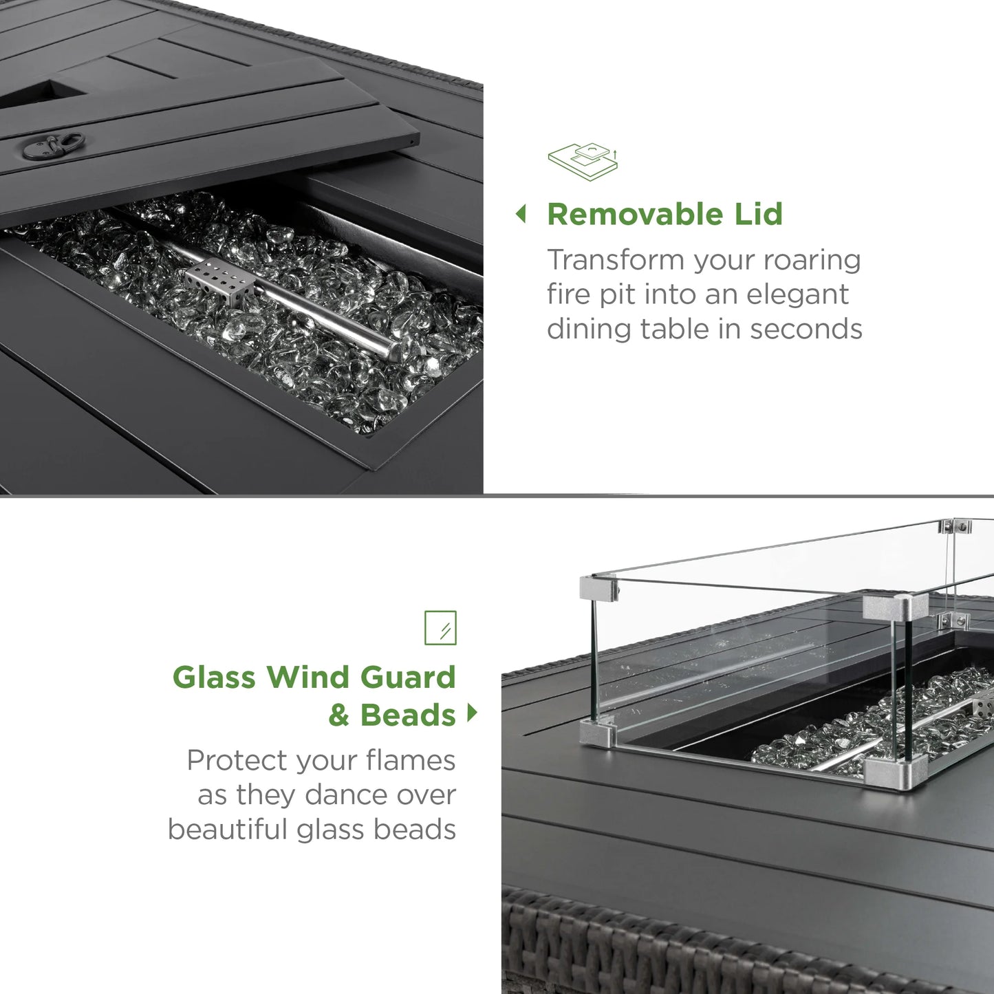 52In Wicker Propane Gas Fire Pit Table 50,000 BTU W/ Glass Wind Guard, Tank Holder, Cover - Gray
