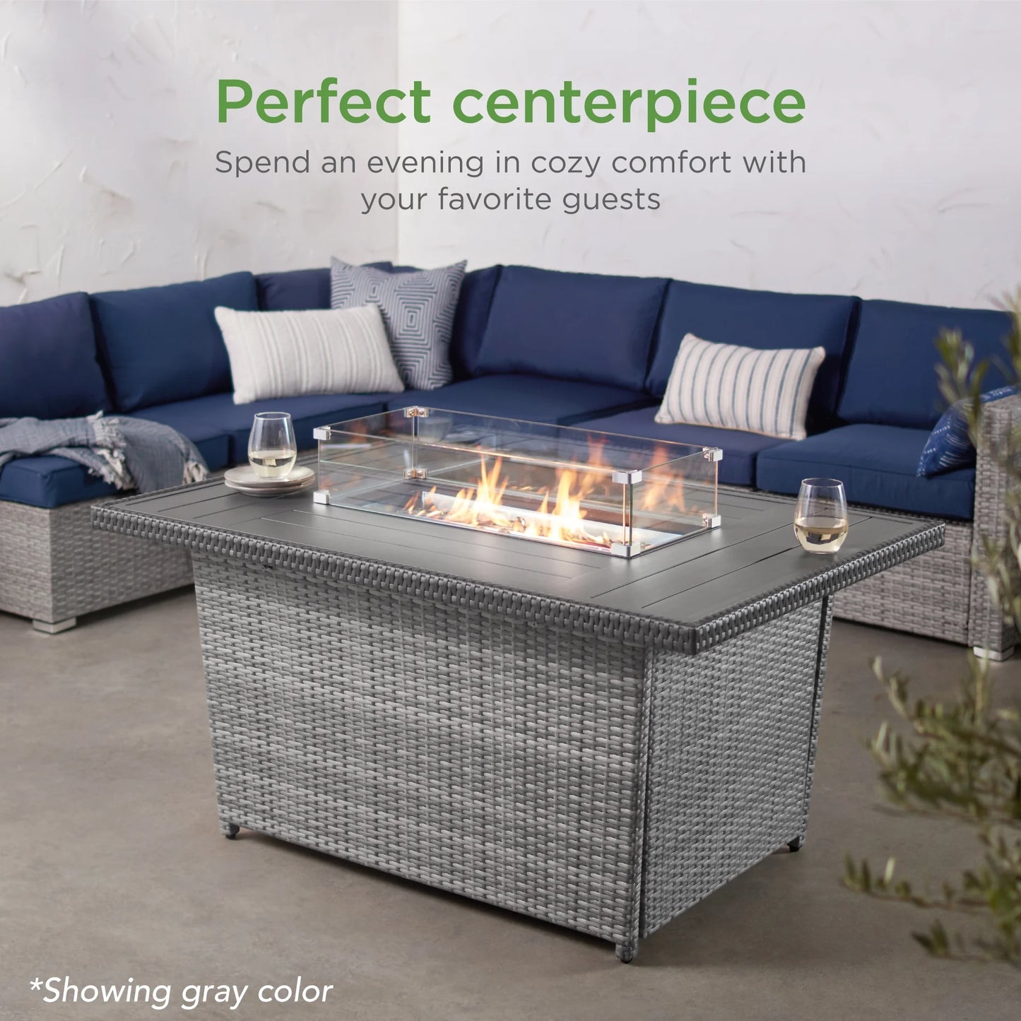 52In Wicker Propane Gas Fire Pit Table 50,000 BTU W/ Glass Wind Guard, Tank Holder, Cover - Gray
