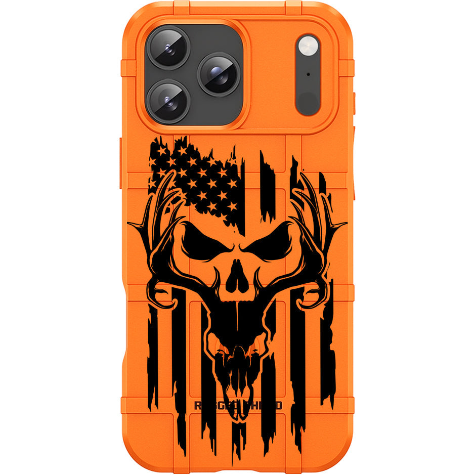 Blaze Orange Rugged Shield TPU Case with MagSafe Ring - Hunter Skull Flag Design for Apple iPhone 17 Pro, 17 ProMax & Samsung S26 Ultra phone models