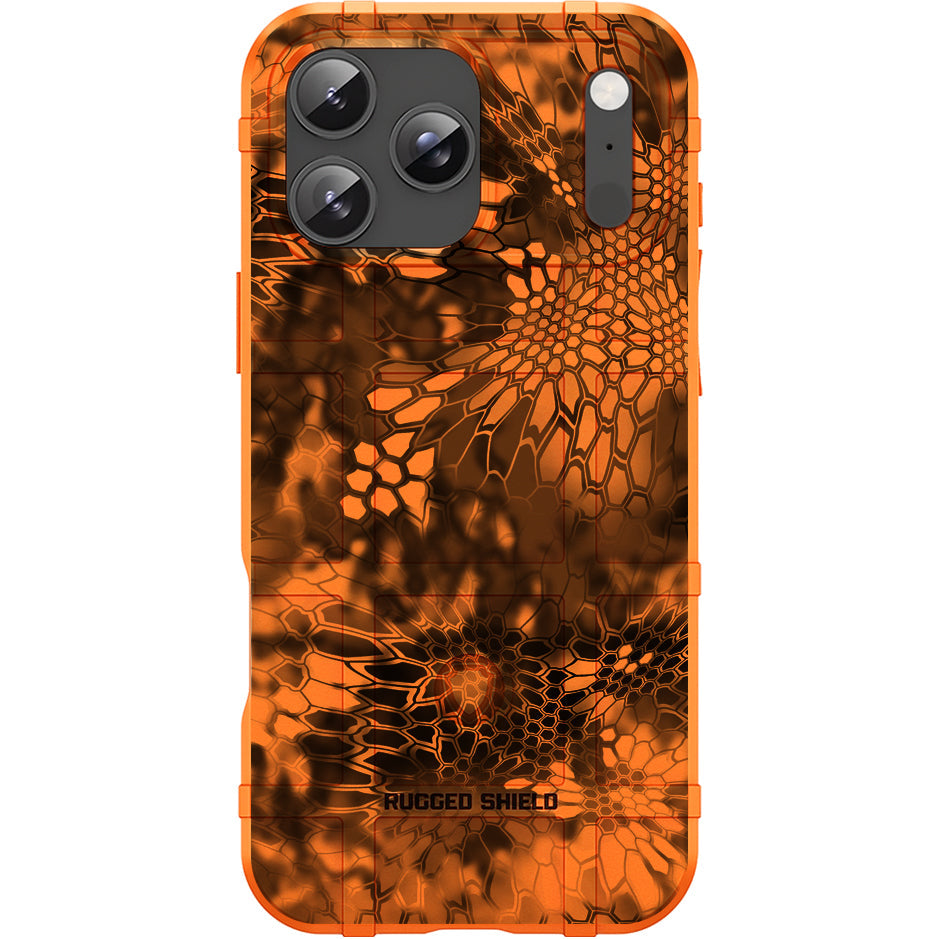 Blaze Orange Rugged Shield TPU Case with MagSafe Ring - Blaze Orange Kryptek Inferno Design for Apple iPhone 17 Pro, 17 ProMax & Samsung S26 Ultra phone models