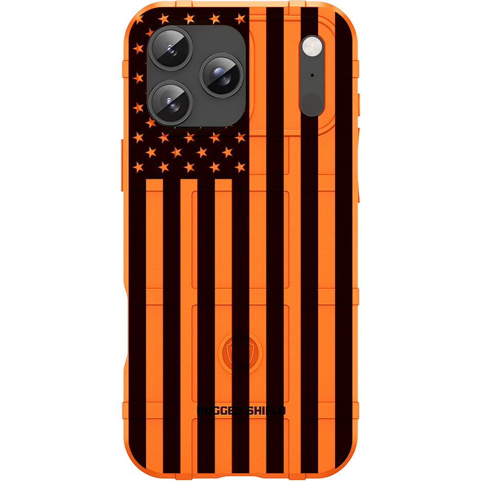 Blaze Orange Rugged Shield TPU Case with MagSafe Ring - Subdued US Flag Reversed Design for Apple iPhone 17 Pro, 17 ProMax & Samsung S26 Ultra phone models