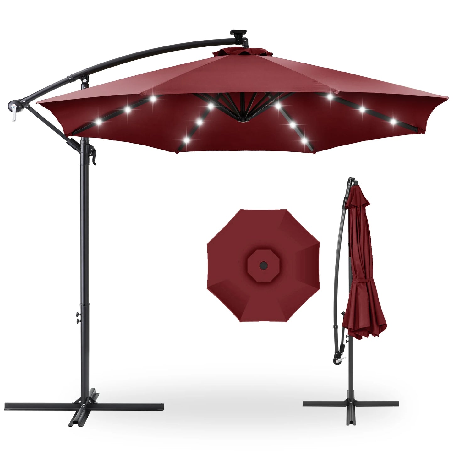 10Ft Solar LED Offset Hanging Outdoor Market Patio Umbrella W/ Adjustable Tilt - Burgundy