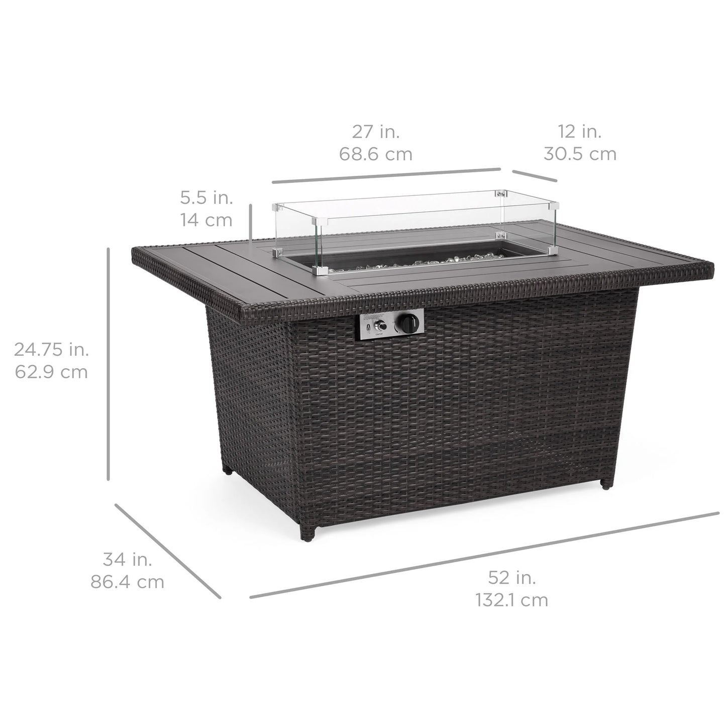 52In Wicker Propane Gas Fire Pit Table 50,000 BTU W/ Glass Wind Guard, Tank Holder, Cover - Gray