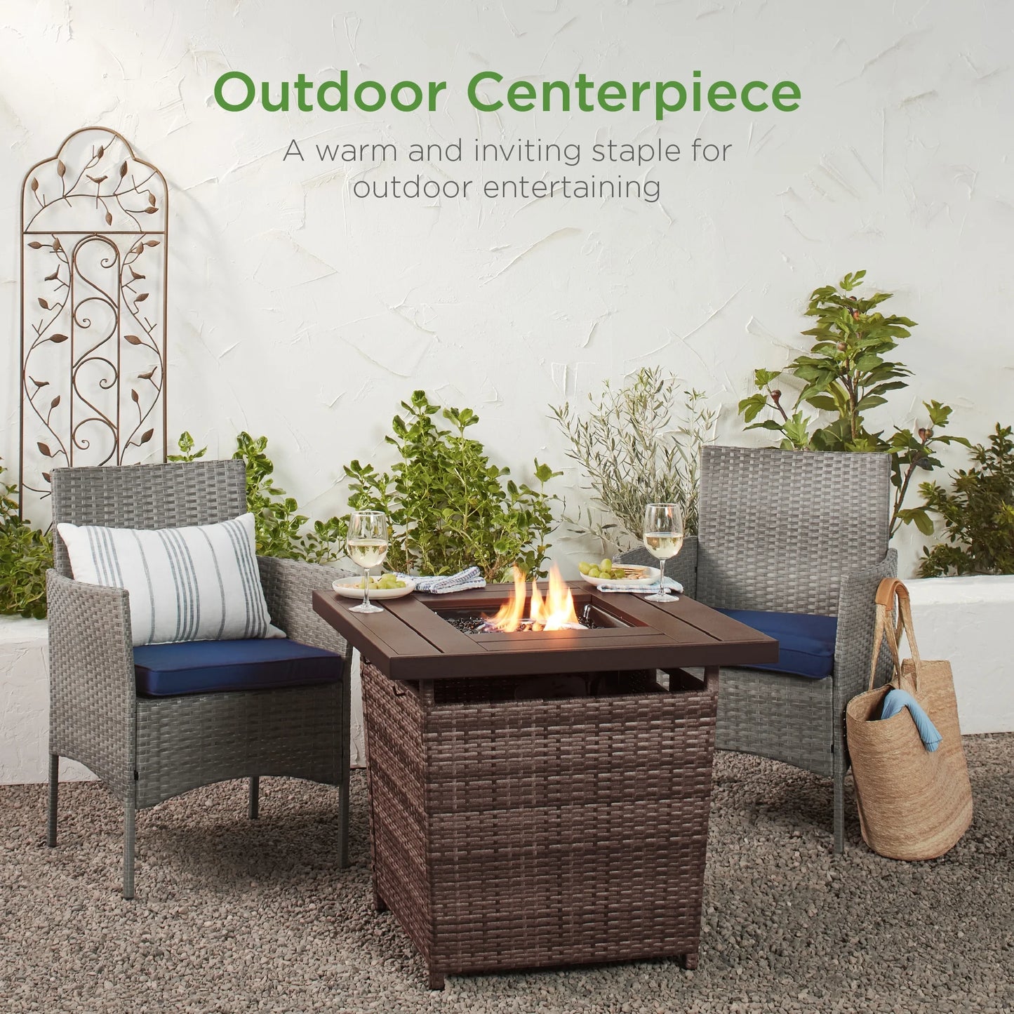 28In Propane Gas Fire Pit Table 50,000 BTU Outdoor Wicker W/ Glass Beads, Tank Holder Brown