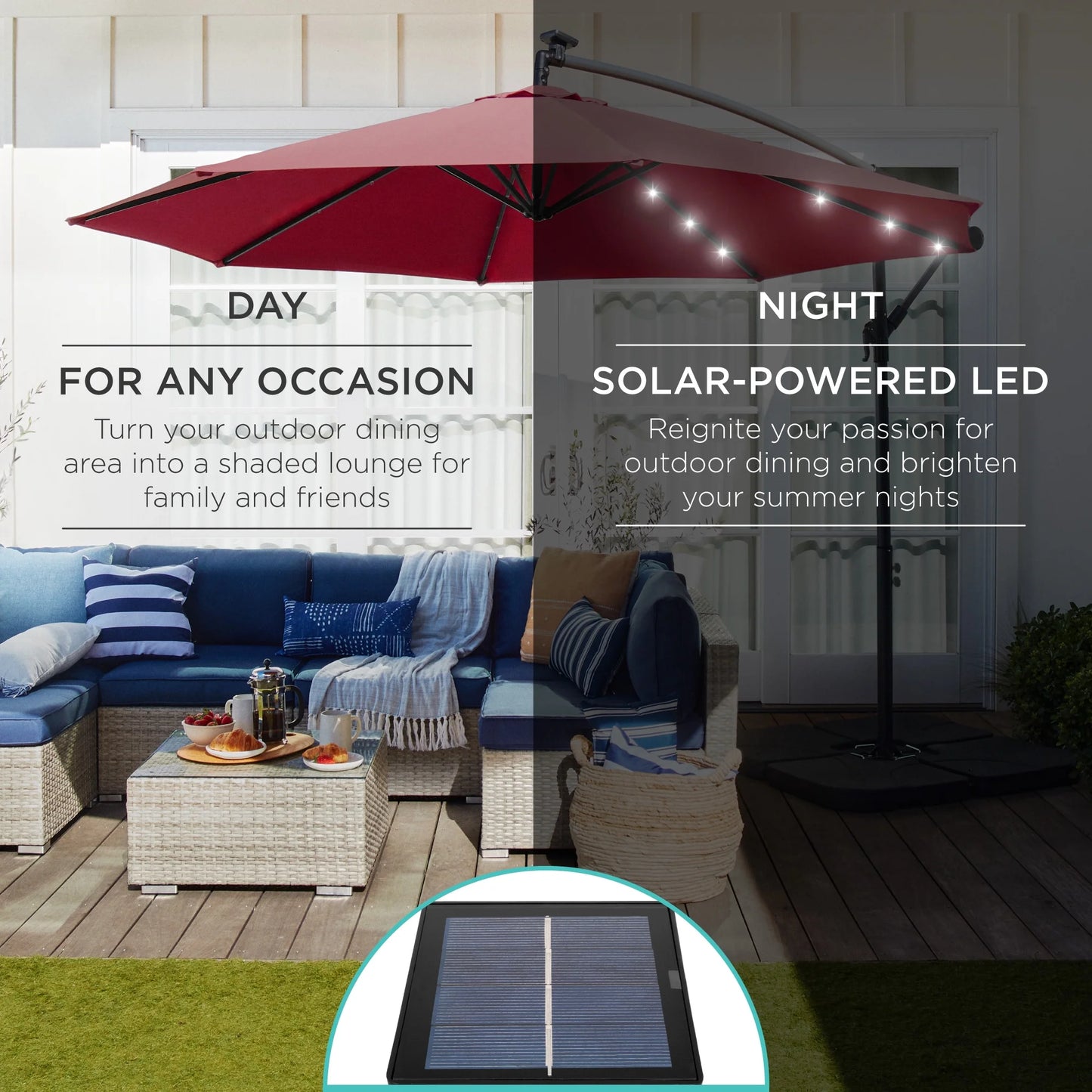 10Ft Solar LED Offset Hanging Outdoor Market Patio Umbrella W/ Adjustable Tilt - Burgundy