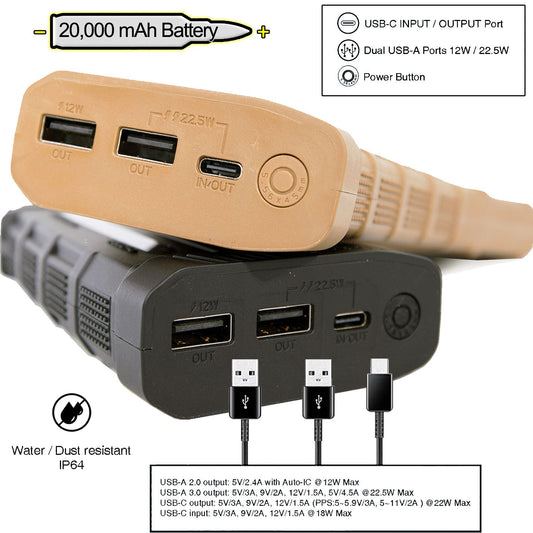 20,000mAh Military Grade Smart Powerbank Battery Charger with 2-USB + USB-C Ports (Black or FDE)