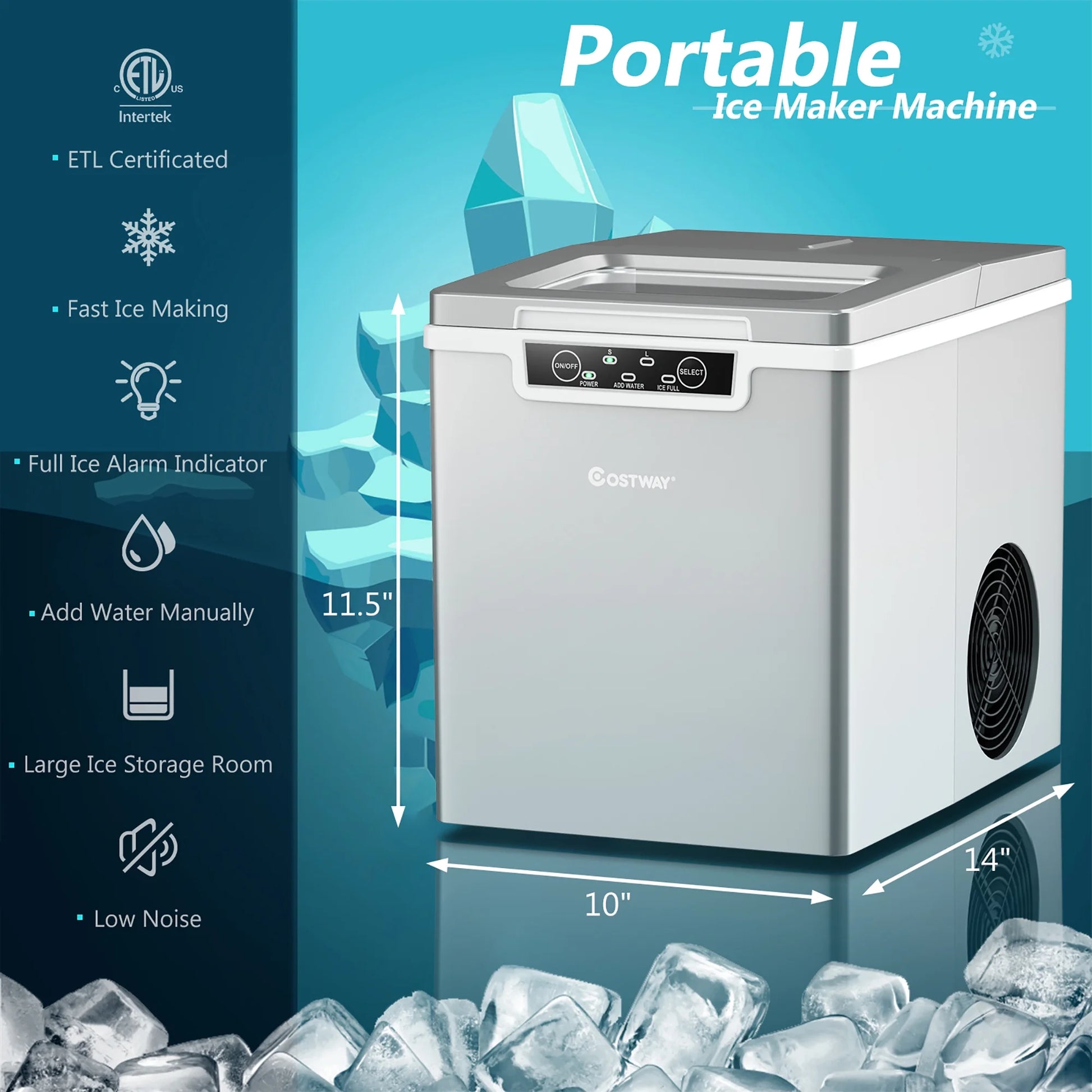 Ice Maker Machine Countertop 26Lbs/24H Portable W/Scoop & Basket Silver