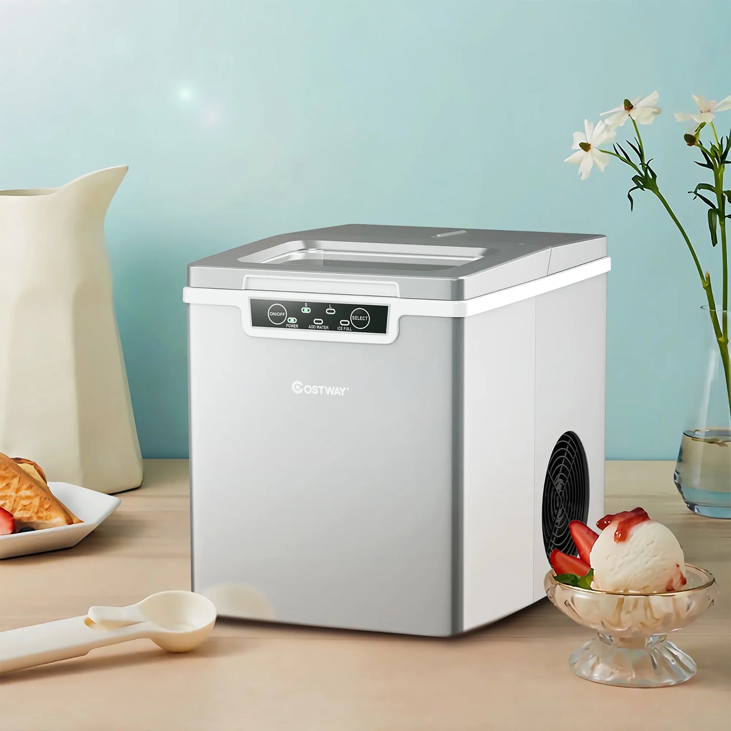 Ice Maker Machine Countertop 26Lbs/24H Portable W/Scoop & Basket Silver