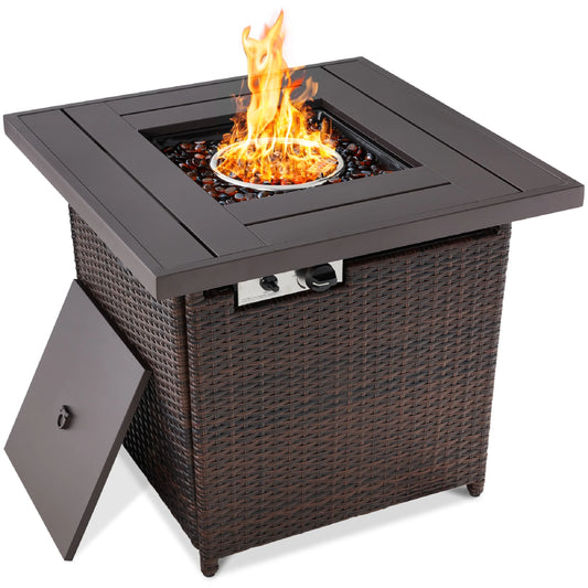 28In Propane Gas Fire Pit Table 50,000 BTU Outdoor Wicker W/ Glass Beads, Tank Holder Brown
