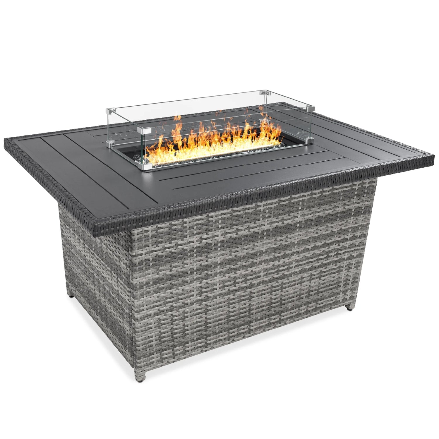 52In Wicker Propane Gas Fire Pit Table 50,000 BTU W/ Glass Wind Guard, Tank Holder, Cover - Gray
