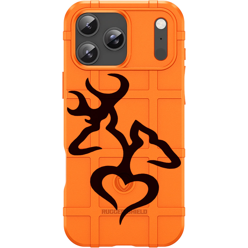 Blaze Orange Rugged Shield TPU Case with MagSafe Ring - Buck Love Heart Design for Apple iPhone 17 Pro, 17 ProMax & Samsung S26 Ultra phone models
