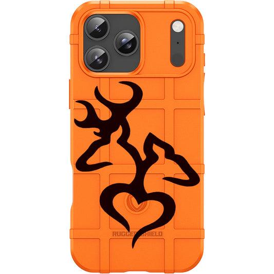 Blaze Orange Rugged Shield TPU Case with MagSafe Ring - Buck Love Heart Design for Apple iPhone 17 Pro, 17 ProMax & Samsung S26 Ultra phone models