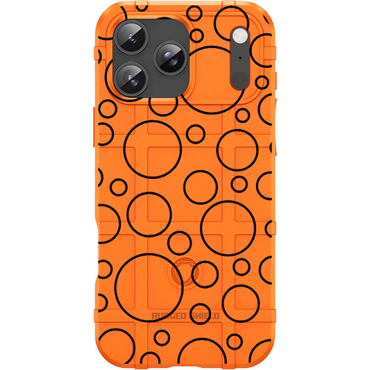 Blaze Orange Rugged Shield TPU Case with MagSafe Ring - Black Circles Design for Apple iPhone 17 Pro, 17 ProMax & Samsung S26 Ultra phone models