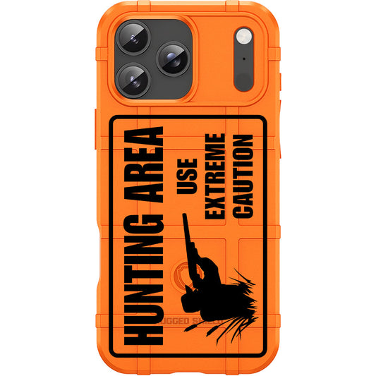 Blaze Orange Rugged Shield TPU Case with MagSafe Ring - Hunting Area Sign Design for Apple iPhone 17 Pro, 17 ProMax & Samsung S26 Ultra phone models