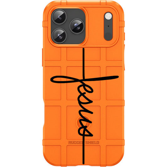 Blaze Orange Rugged Shield TPU Case with MagSafe Ring - Jesus Cross Design for Apple iPhone 17 Pro, 17 ProMax & Samsung S26 Ultra phone models