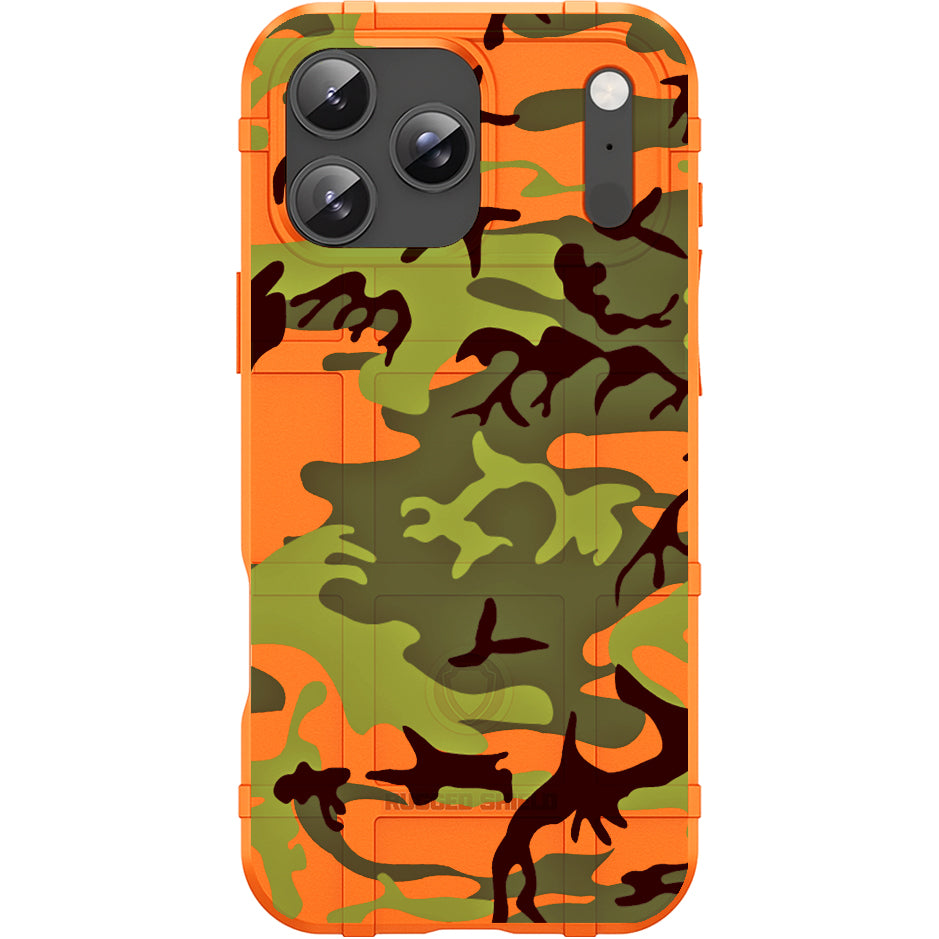 Blaze Orange Rugged Shield TPU Case with MagSafe Ring - Blaze Orange OD Green Camo Design for Apple iPhone 17 Pro, 17 ProMax & Samsung S26 Ultra phone models