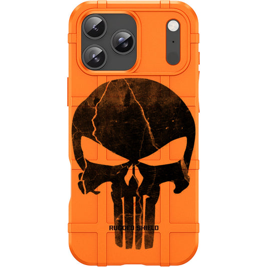 Blaze Orange Rugged Shield TPU Case with MagSafe Ring - Cracked Punisher Skull Design for Apple iPhone 17 Pro, 17 ProMax & Samsung S26 Ultra phone models