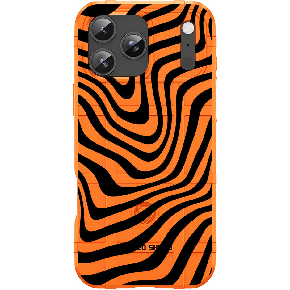 Blaze Orange Rugged Shield TPU Case with MagSafe Ring - Black Squiggles Design for Apple iPhone 17 Pro, 17 ProMax & Samsung S26 Ultra phone models