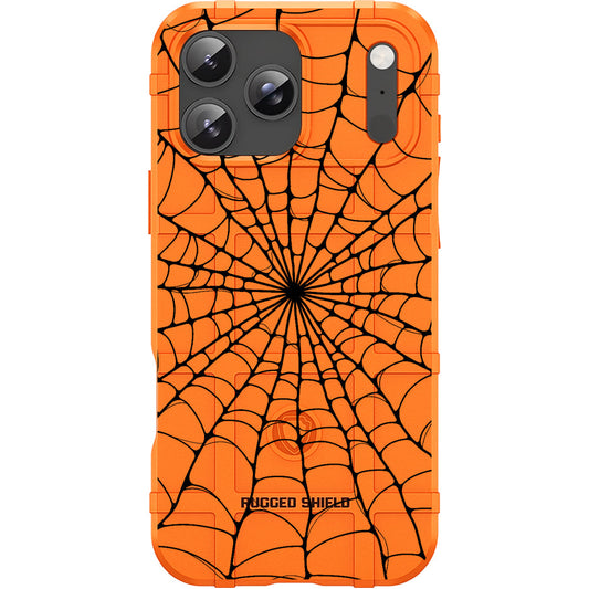 Blaze Orange Rugged Shield TPU Case with MagSafe Ring - Spider Web Design for Apple iPhone 17 Pro, 17 ProMax & Samsung S26 Ultra phone models