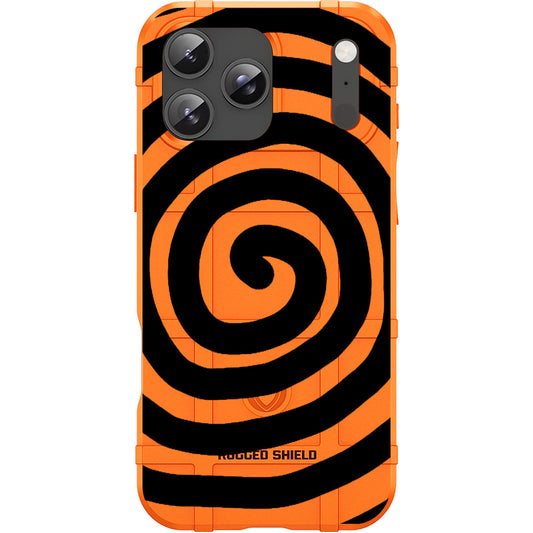 Blaze Orange Rugged Shield TPU Case with MagSafe Ring - Black Spinners Design for Apple iPhone 17 Pro, 17 ProMax & Samsung S26 Ultra phone models