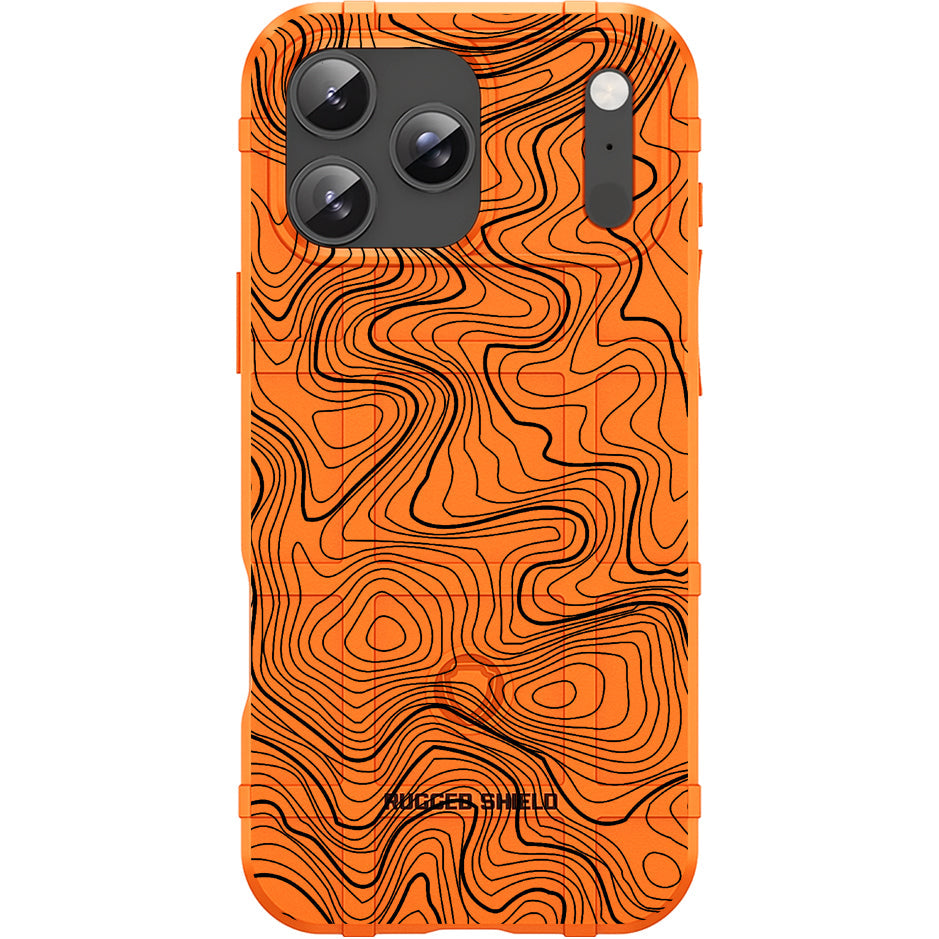 Blaze Orange Rugged Shield TPU Case with MagSafe Ring - Black Topography Design for Apple iPhone 17 Pro, 17 ProMax & Samsung S26 Ultra phone models