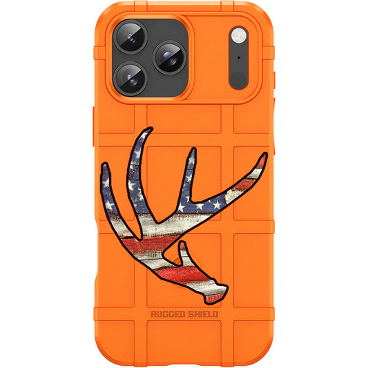 Blaze Orange Rugged Shield TPU Case with MagSafe Ring - US Flag Antlers Design for Apple iPhone 17 Pro, 17 ProMax & Samsung S26 Ultra phone models