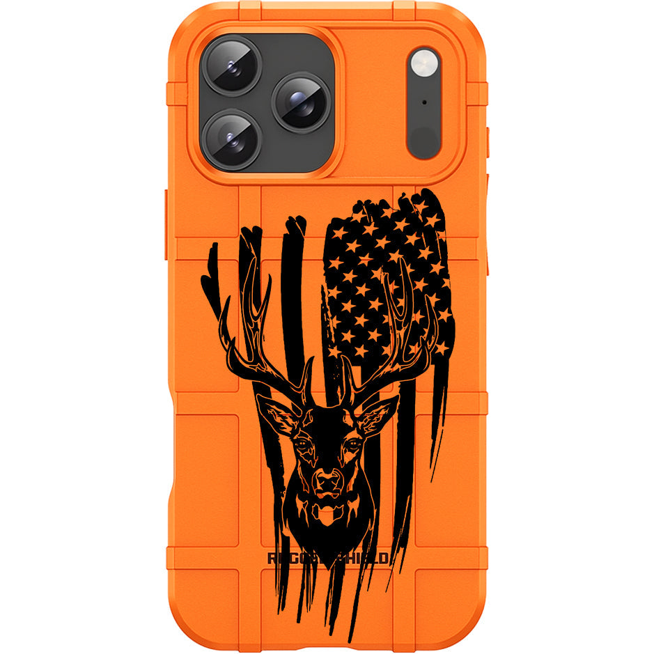 Blaze Orange Rugged Shield TPU Case with MagSafe Ring - US Flag Deer Silhouette Design for Apple iPhone 17 Pro, 17 ProMax & Samsung S26 Ultra phone models