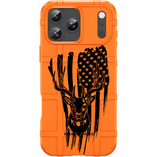 Blaze Orange Rugged Shield TPU Case with MagSafe Ring - US Flag Deer Silhouette Design for Apple iPhone 17 Pro, 17 ProMax & Samsung S26 Ultra phone models