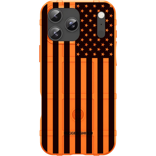 Blaze Orange Rugged Shield TPU Case with MagSafe Ring - Subdued US Flag Design for Apple iPhone 17 Pro, 17 ProMax & Samsung S26 Ultra phone models