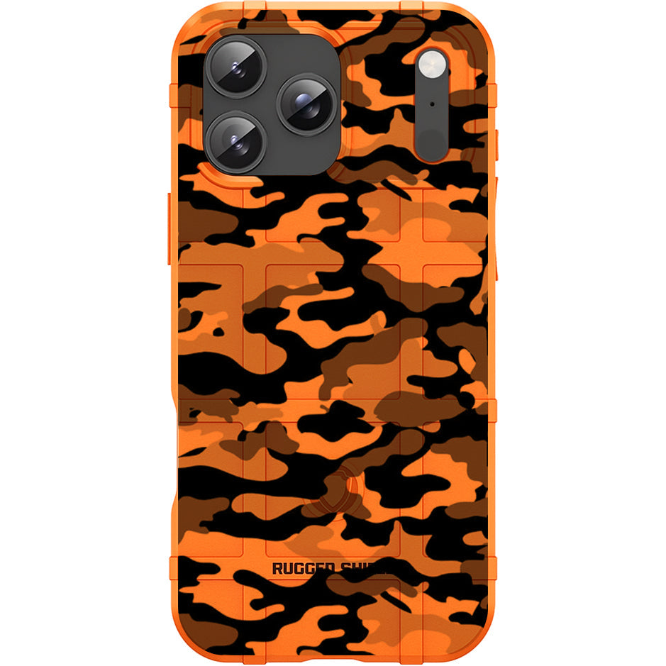 Blaze Orange Rugged Shield TPU Case with MagSafe Ring - Black Grey Camo Design for Apple iPhone 17 Pro, 17 ProMax & Samsung S26 Ultra phone models
