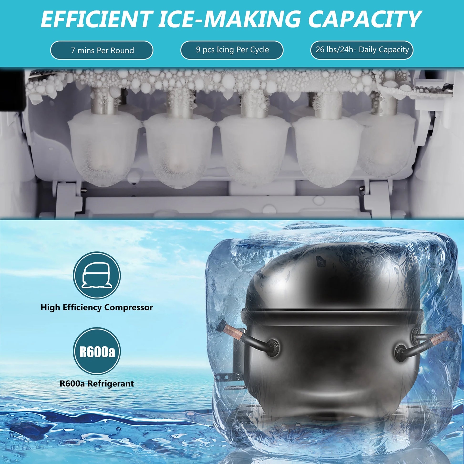 Ice Maker Machine Countertop 26Lbs/24H Portable W/Scoop & Basket Silver