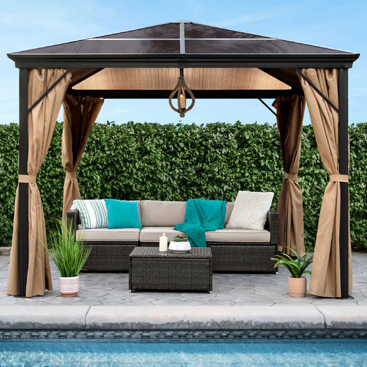 10X10Ft Hardtop Gazebo, Outdoor Aluminum Canopy for Backyard, Garden W/ Side Curtains, Netting