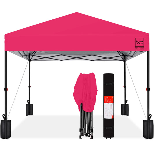 10X10Ft Easy Setup Pop up Canopy W/ 1-Button Setup, Wheeled Case, 4 Weight Bags - Hot Pink