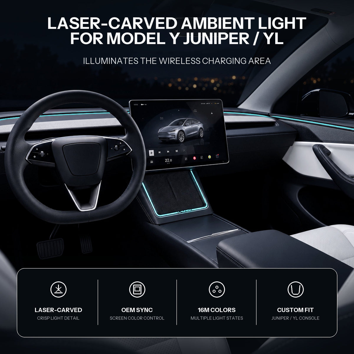 Laser-Carved Ambient Light for Model Y Juniper / YL Wireless Charging Port | TESERY